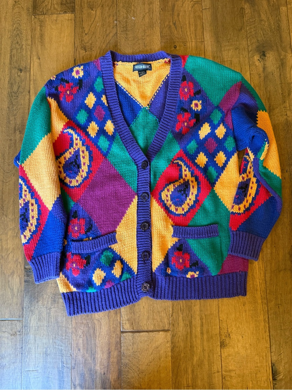 Vintage Knitted Mixed Blues Colorful Patterned Cardigan